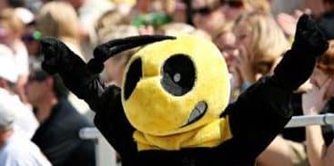 ӣֱ mascot costume cheering enthusiastically at a football game.